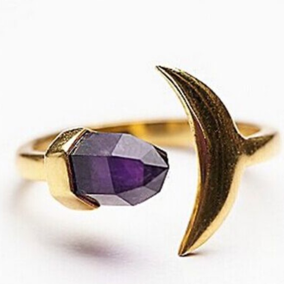 Crescent Moon Resin Crystal ‘ Amethyst ’ Gold Plated Ring - Picture 2 of 3